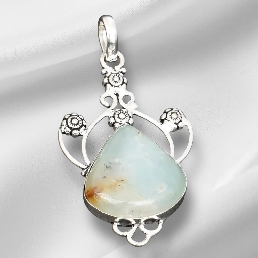 Handcrafted Artisan Jewelry Pendant Pale Green DENDRITE OPAL Teardrop
